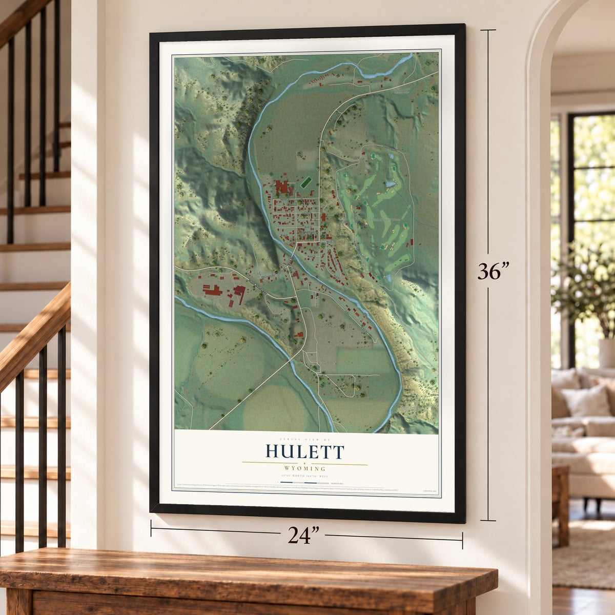 Hulett, Wyoming map, 24 x 36 inch print in a black frame by a staircase