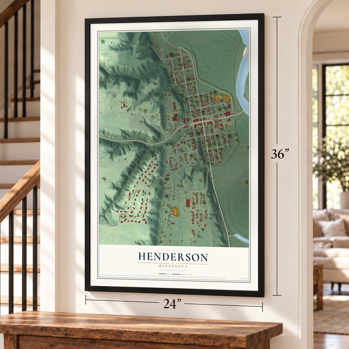 Henderson, Minnesota map, 24 x 36 inch print in a black frame by a staircase