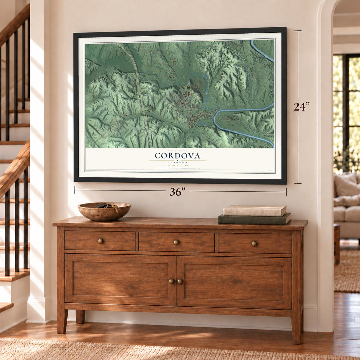 Cordova, Alabama map, 24 x 36 inch print in a black frame above a dresser by a staircase