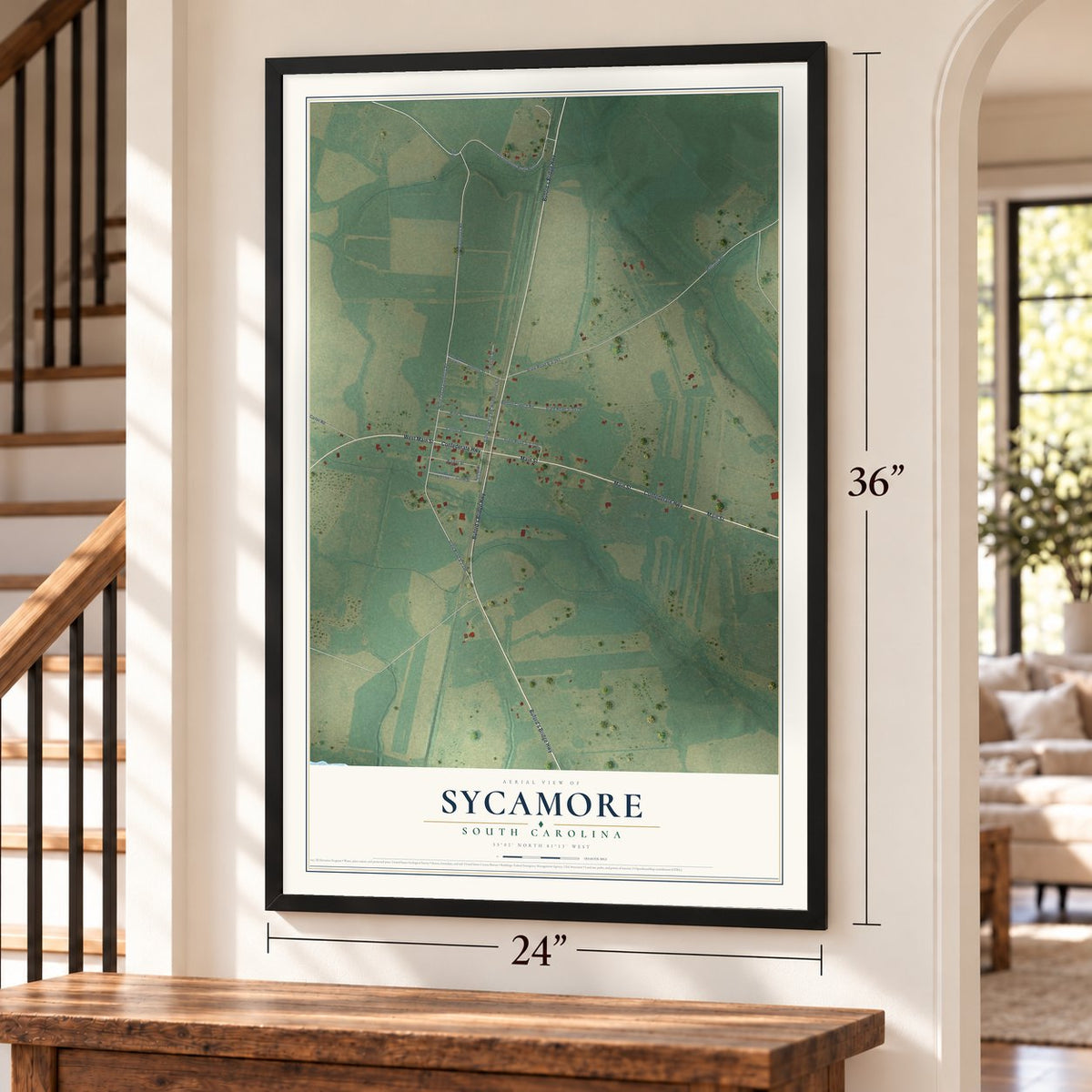 Sycamore, South Carolina map, 24 x 36 inch print in a black frame by a staircase
