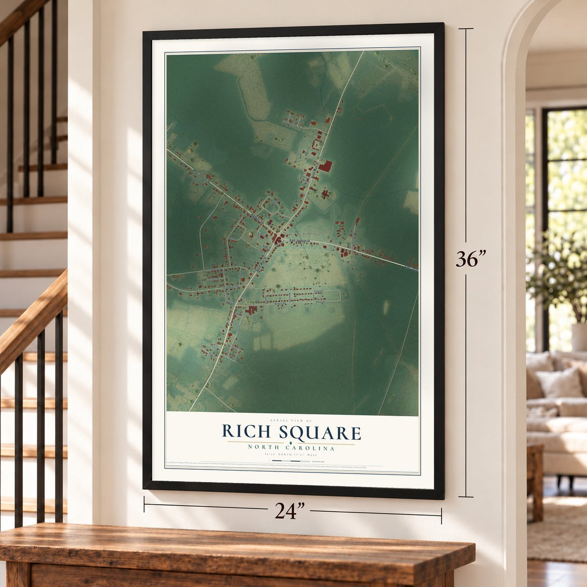 Rich Square, North Carolina map, 24 x 36 inch print in a black frame by a staircase