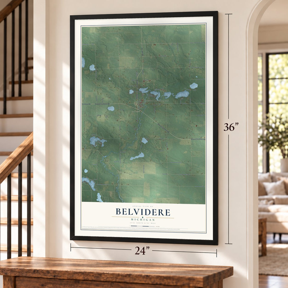 Belvidere, Michigan map, 24 x 36 inch print in a black frame by a staircase