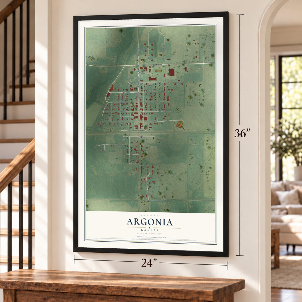 Argonia, Kansas map, 24 x 36 inch print in a black frame by a staircase
