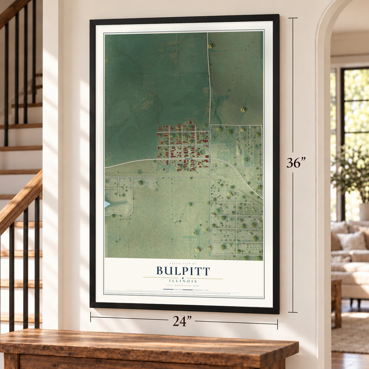 Bulpitt, Illinois map, 24 x 36 inch print in a black frame by a staircase