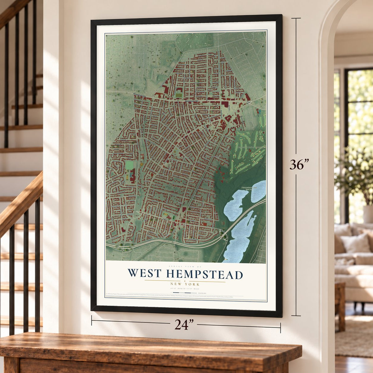 West Hempstead, New York map, 24 x 36 inch print in a black frame by a staircase