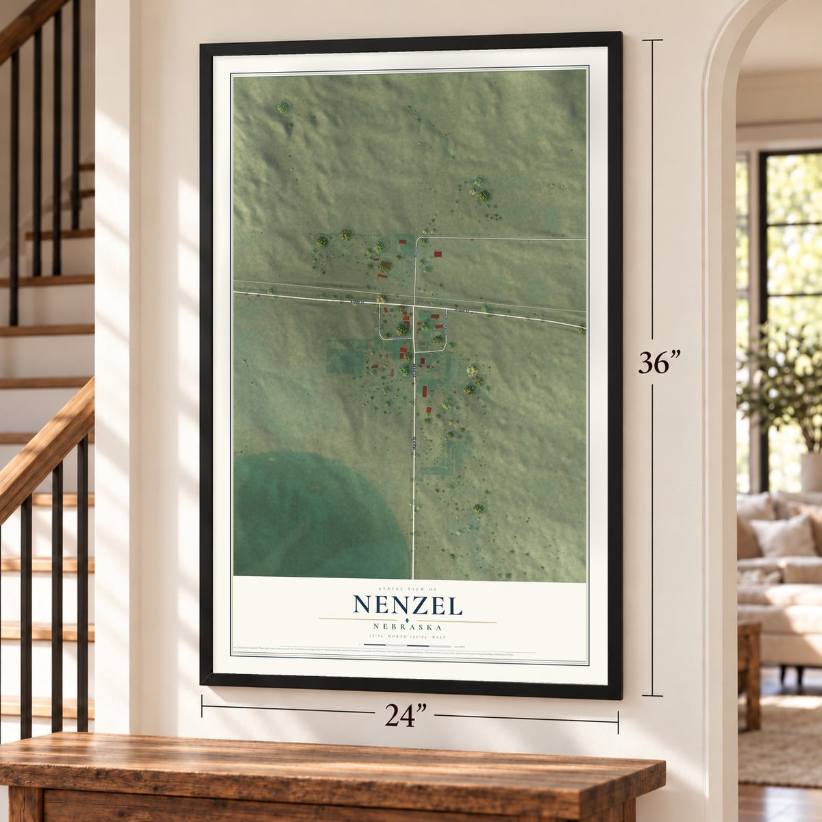 Nenzel, Nebraska map, 24 x 36 inch print in a black frame by a staircase