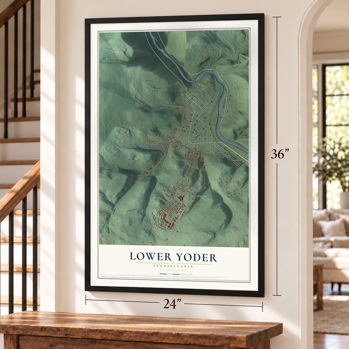 Lower Yoder, Pennsylvania map, 24 x 36 inch print in a black frame by a staircase