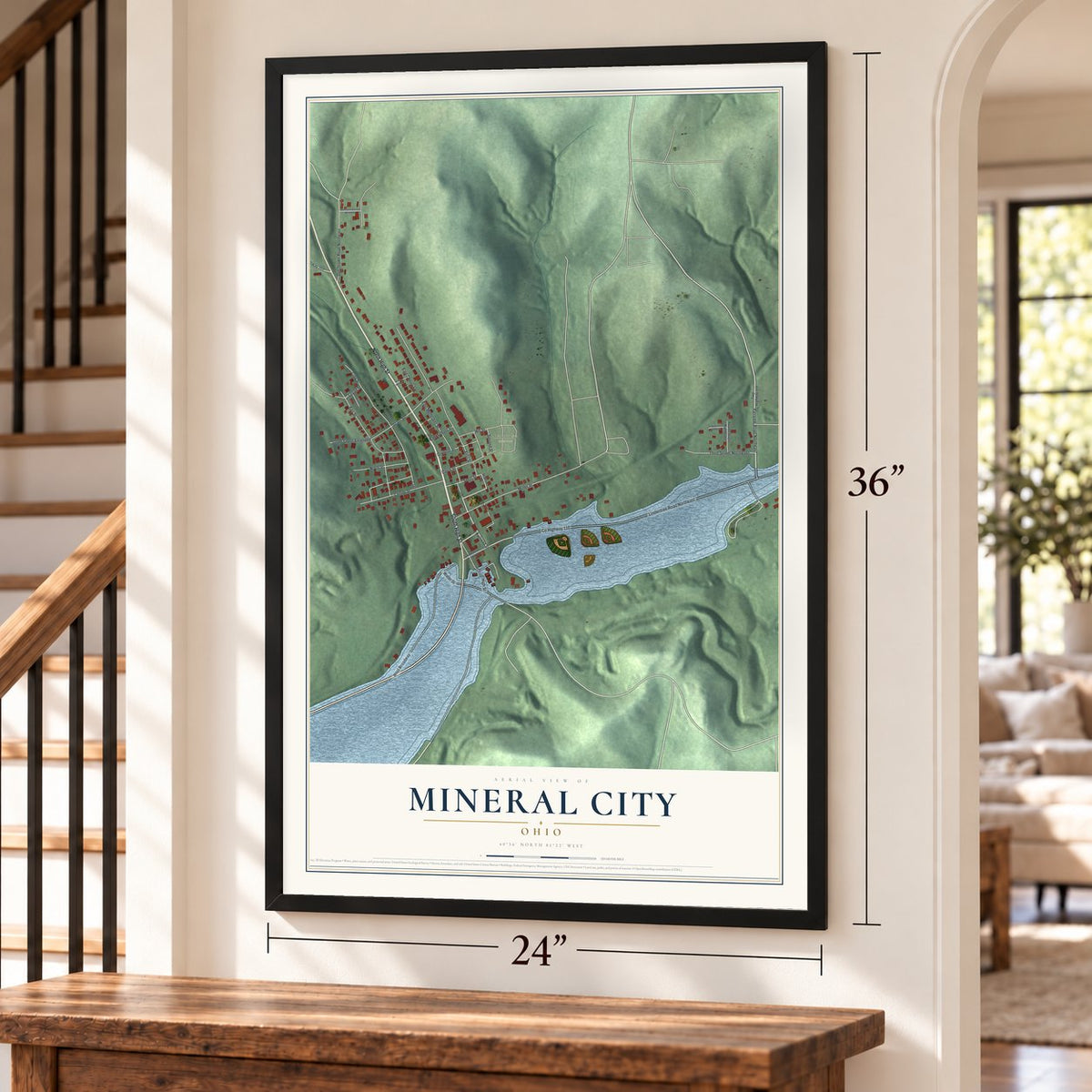 Mineral City, Ohio map, 24 x 36 inch print in a black frame by a staircase