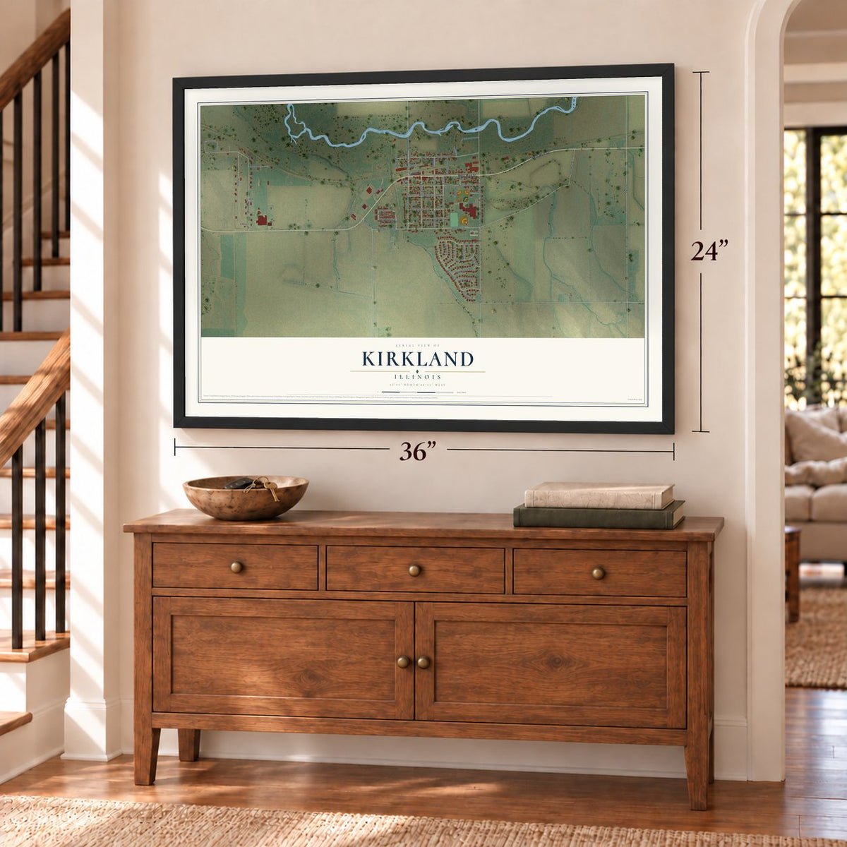 Kirkland, Illinois map, 24 x 36 inch print in a black frame above a dresser by a staircase