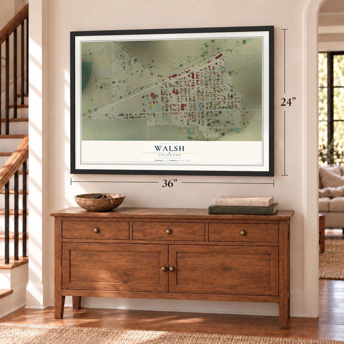 Walsh, Colorado map, 24 x 36 inch print in a black frame above a dresser by a staircase