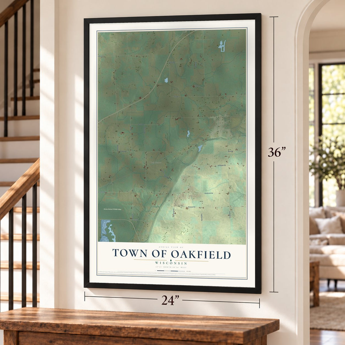 Town of Oakfield, Wisconsin map, 24 x 36 inch print in a black frame by a staircase