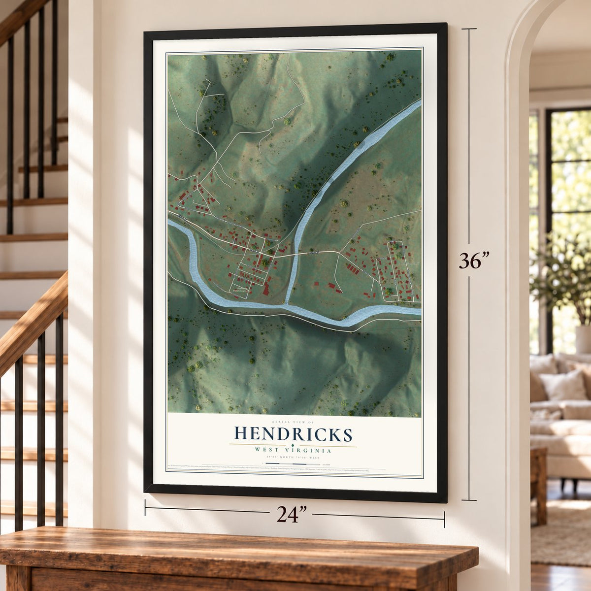 Hendricks, West Virginia map, 24 x 36 inch print in a black frame by a staircase