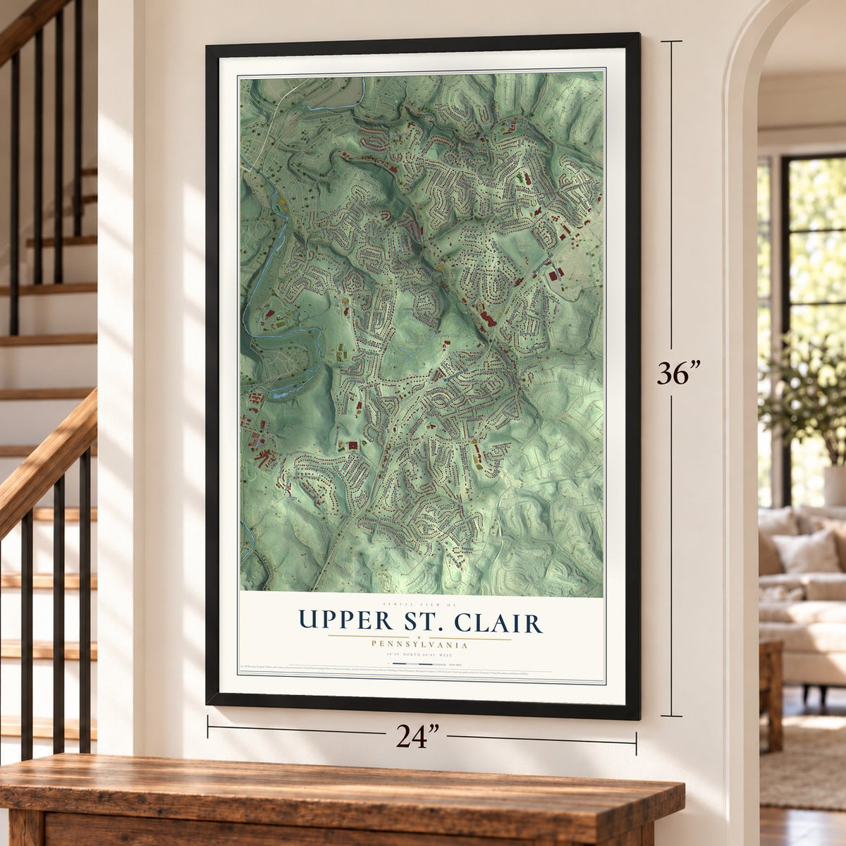 Upper St. Clair, Pennsylvania map, 24 x 36 inch print in a black frame by a staircase