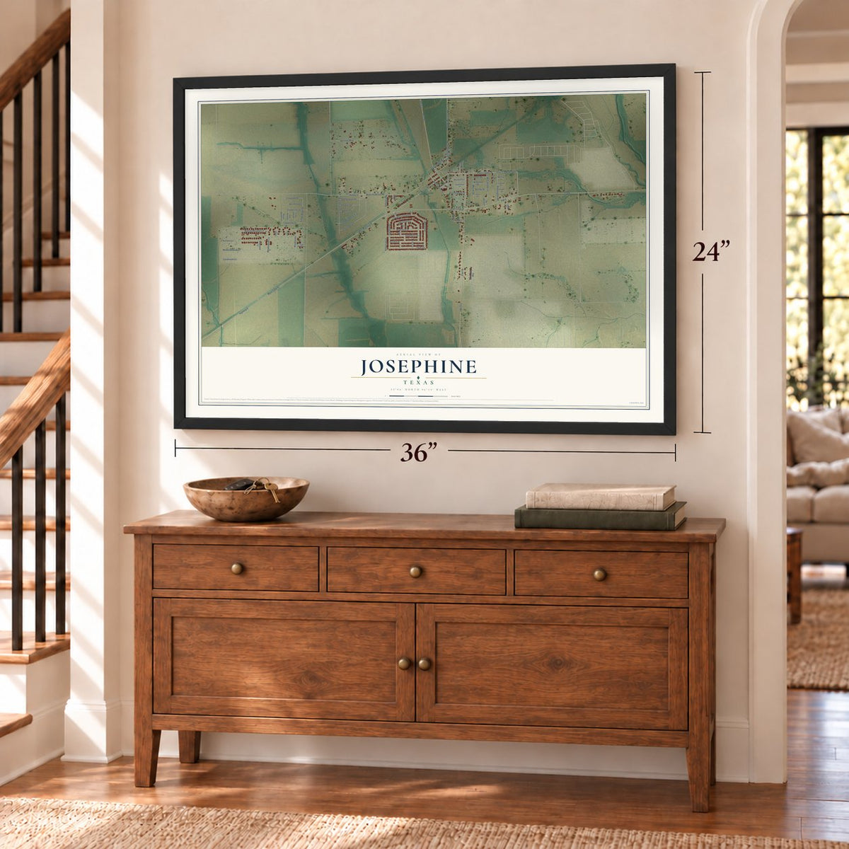 Josephine, Texas map, 24 x 36 inch print in a black frame above a dresser by a staircase