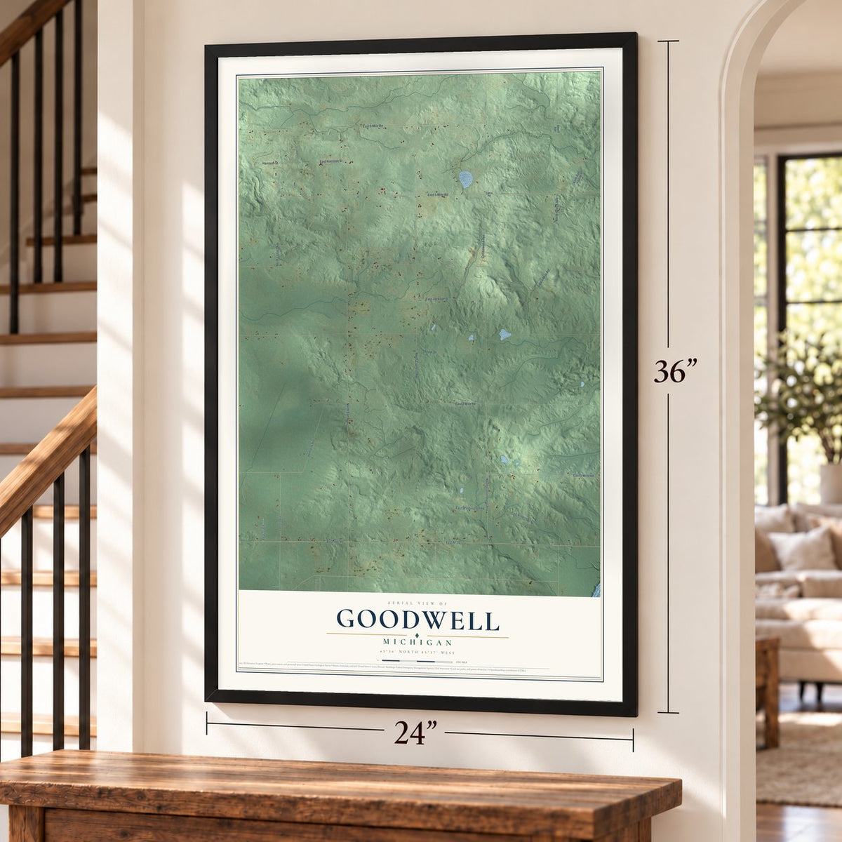 Goodwell, Michigan map, 24 x 36 inch print in a black frame by a staircase
