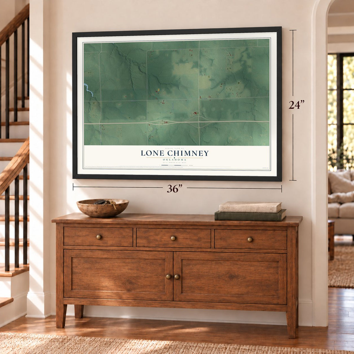 Lone Chimney, Oklahoma map, 24 x 36 inch print in a black frame above a dresser by a staircase