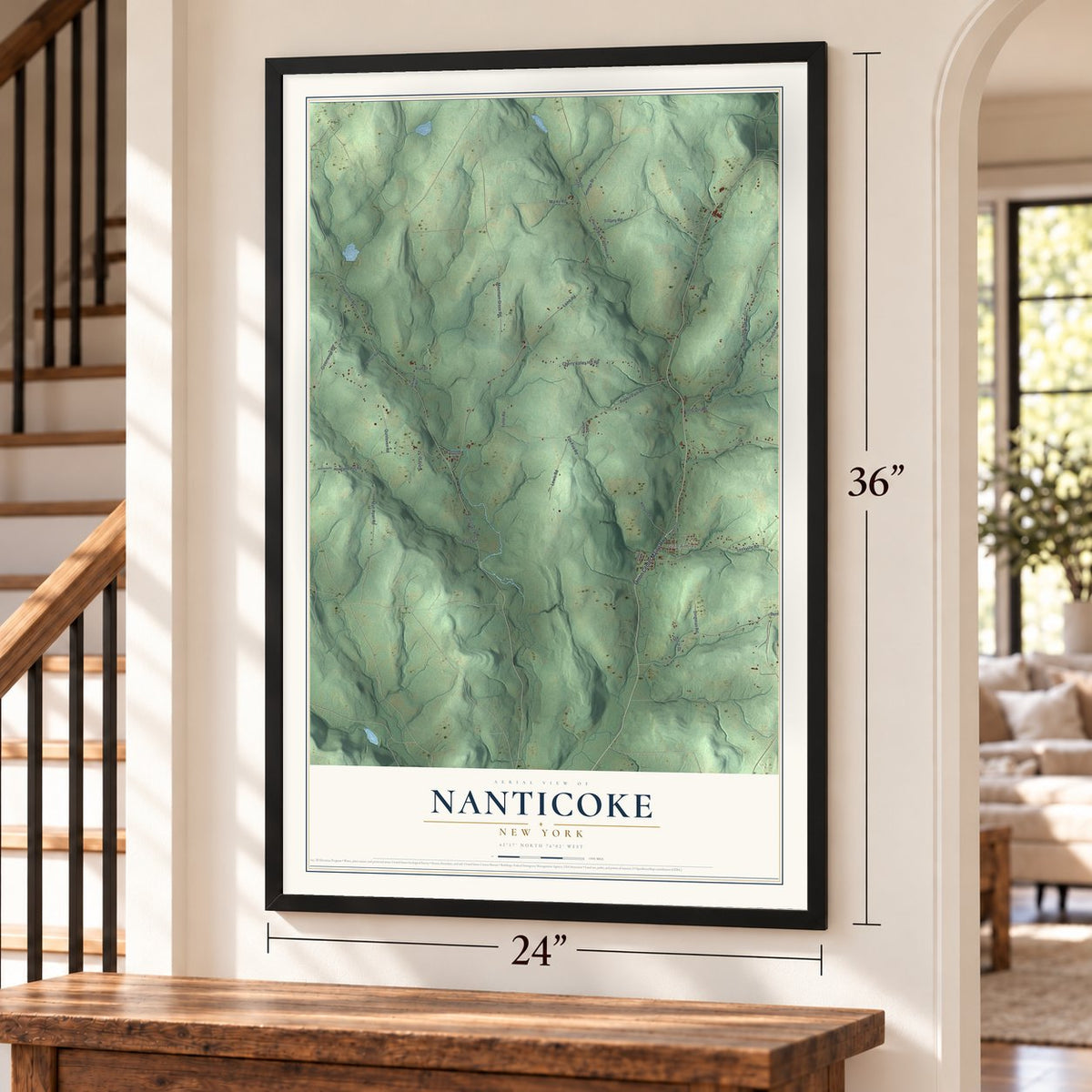 Nanticoke, New York map, 24 x 36 inch print in a black frame by a staircase