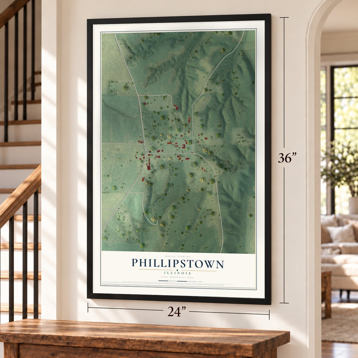 Phillipstown, Illinois map, 24 x 36 inch print in a black frame by a staircase