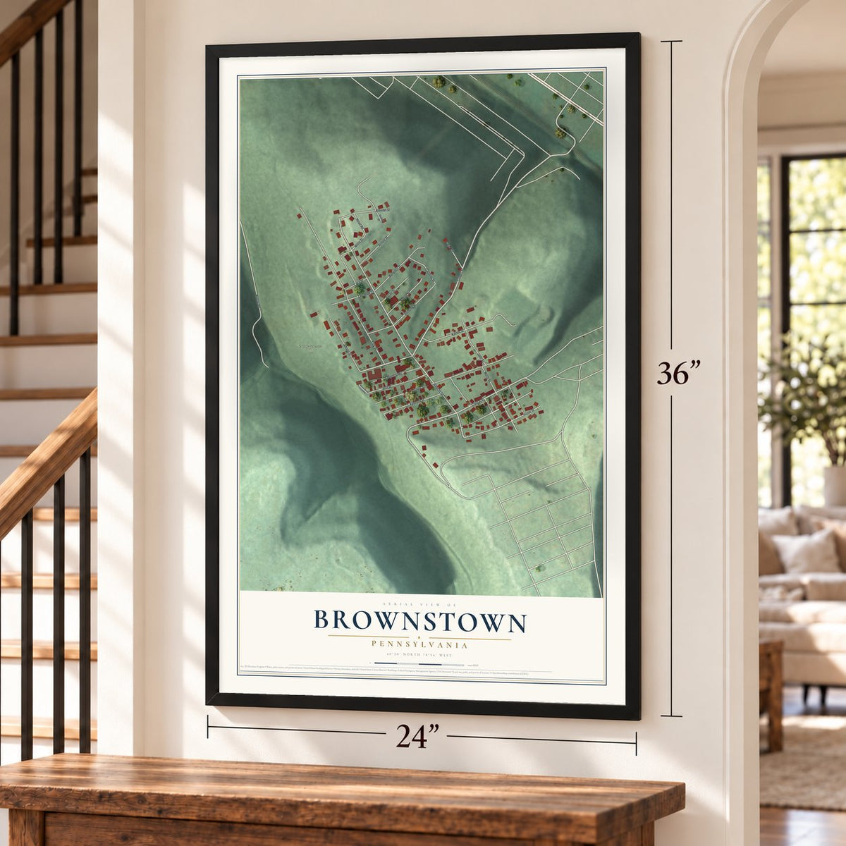 Brownstown, Pennsylvania map, 24 x 36 inch print in a black frame by a staircase