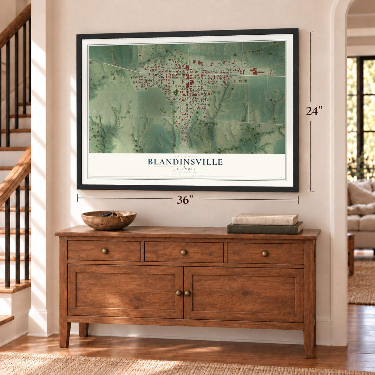 Blandinsville, Illinois map, 24 x 36 inch print in a black frame above a dresser by a staircase