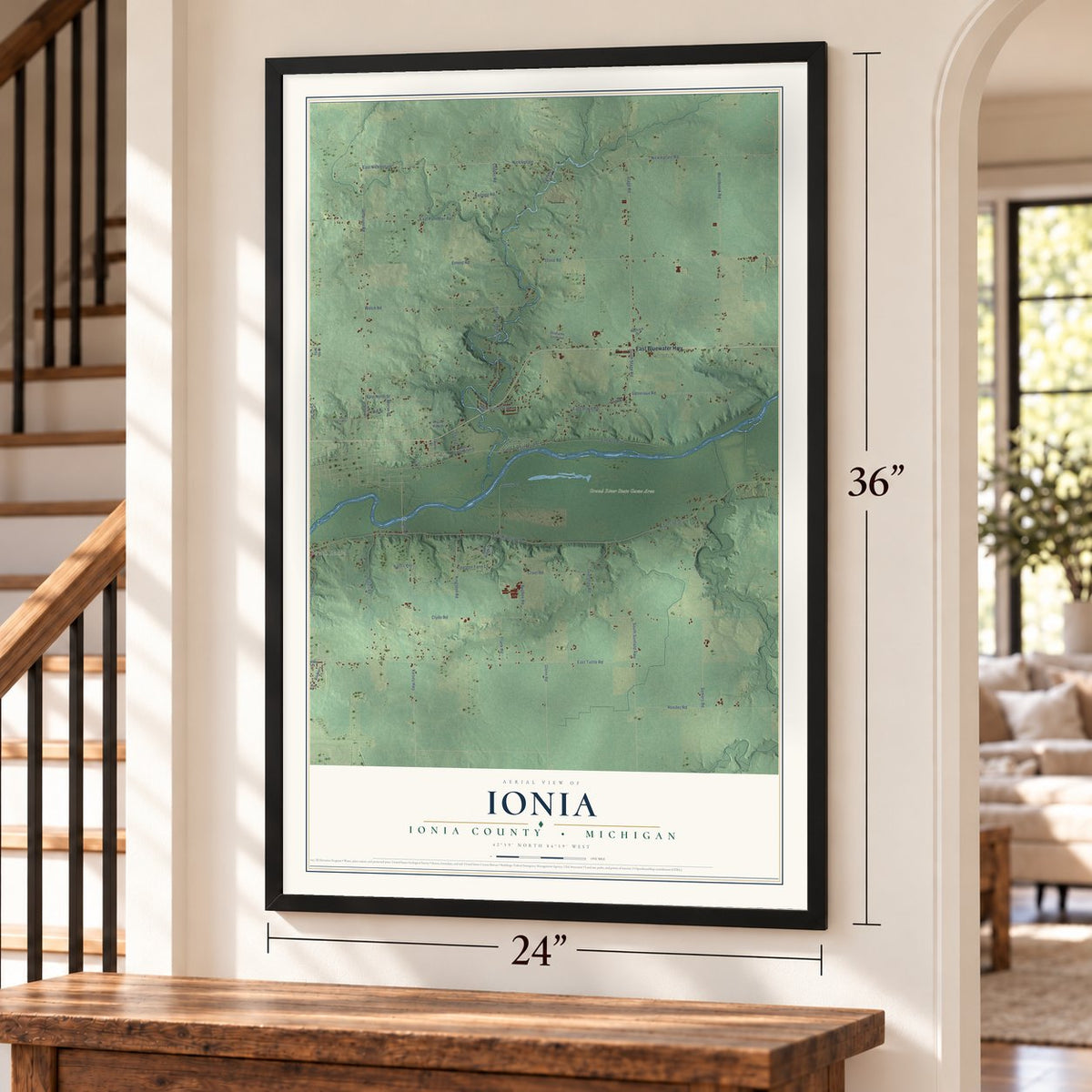 Ionia, Ionia County, Michigan map, 24 x 36 inch print in a black frame by a staircase