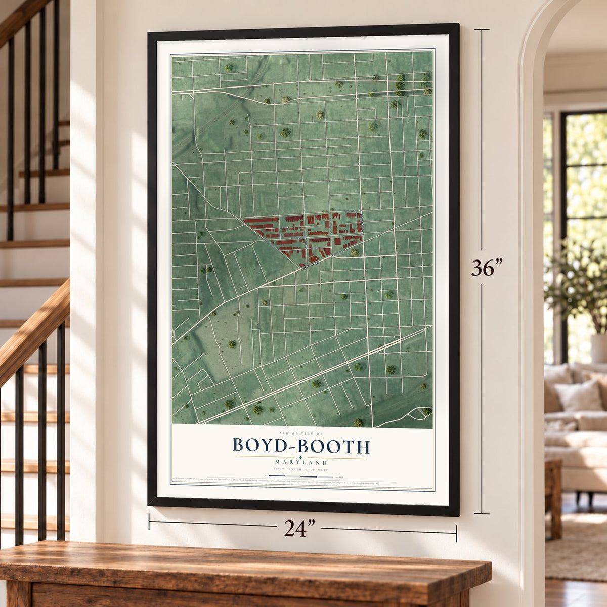 Boyd-Booth, Maryland map, 24 x 36 inch print in a black frame by a staircase