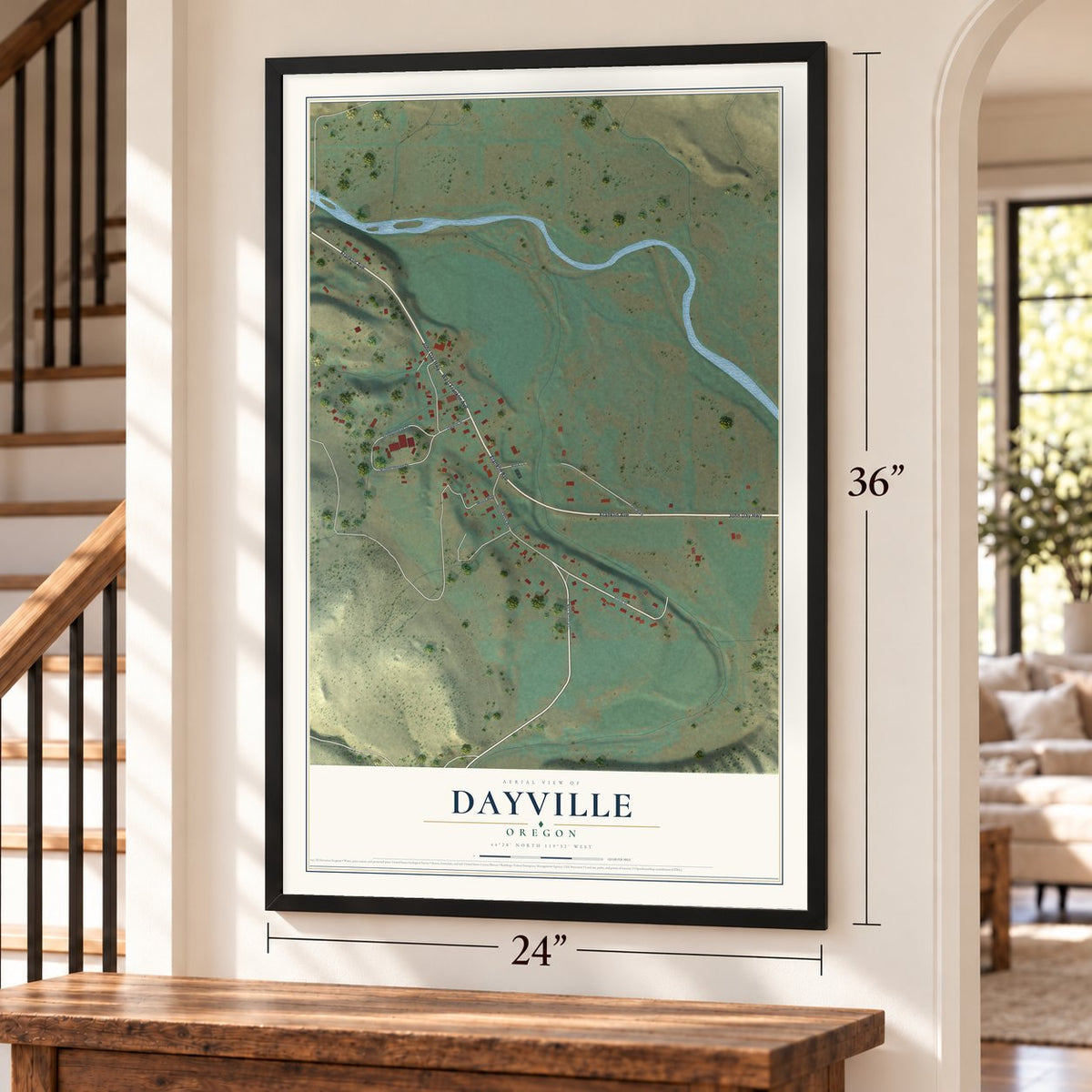 Dayville, Oregon map, 24 x 36 inch print in a black frame by a staircase