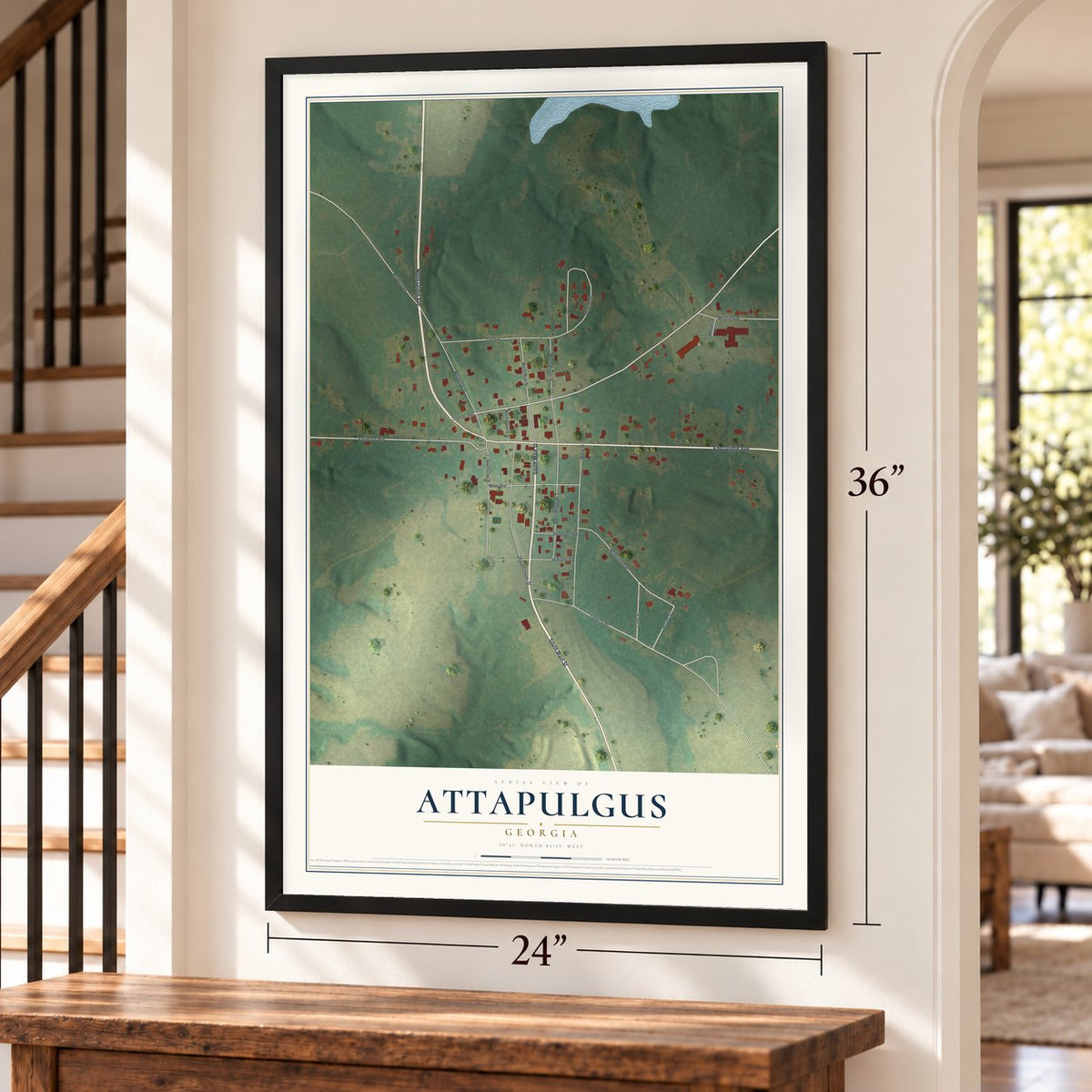 Attapulgus, Georgia map, 24 x 36 inch print in a black frame by a staircase