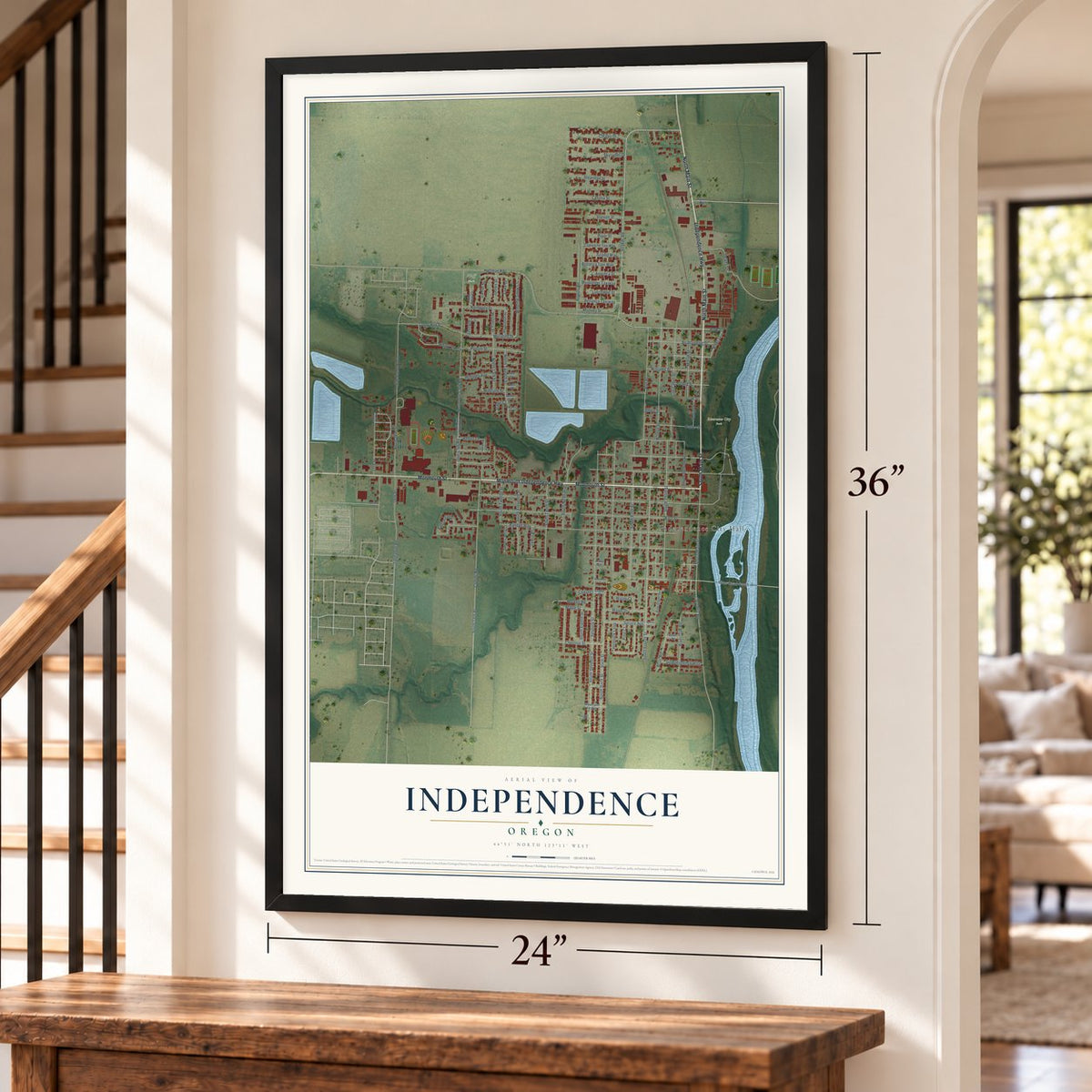 Independence, Oregon map, 24 x 36 inch print in a black frame by a staircase