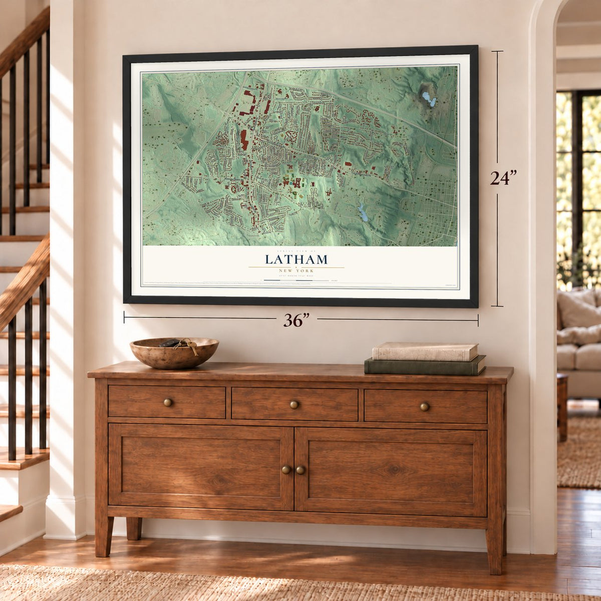 Latham, New York map, 24 x 36 inch print in a black frame above a dresser by a staircase
