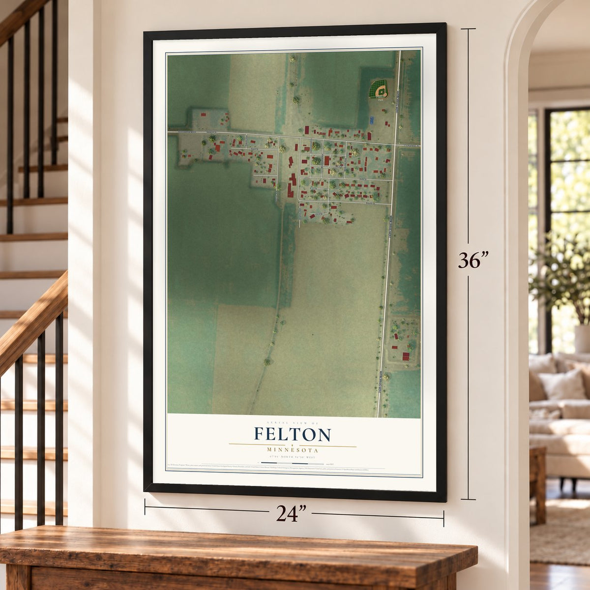 Felton, Minnesota map, 24 x 36 inch print in a black frame by a staircase