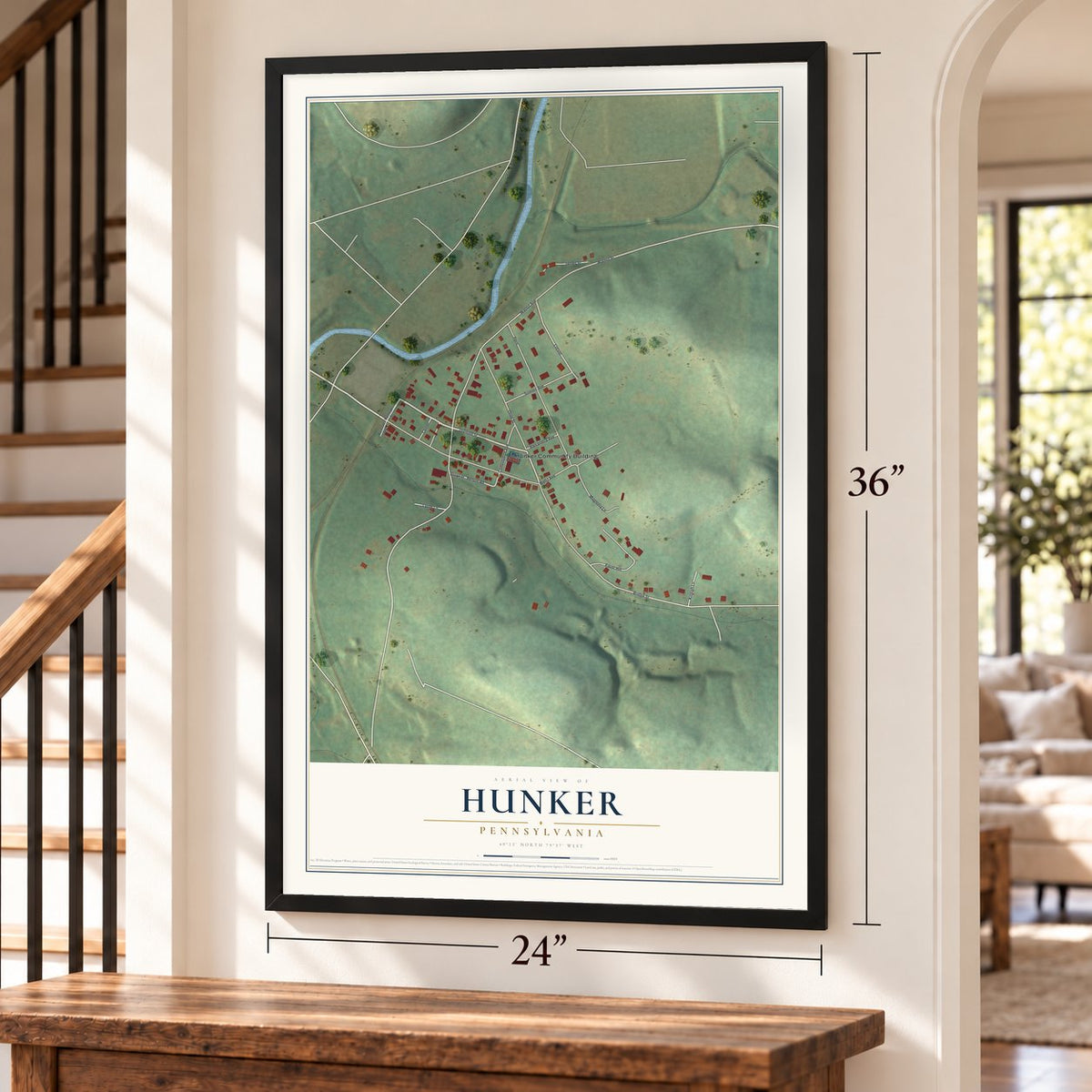 Hunker, Pennsylvania map, 24 x 36 inch print in a black frame by a staircase