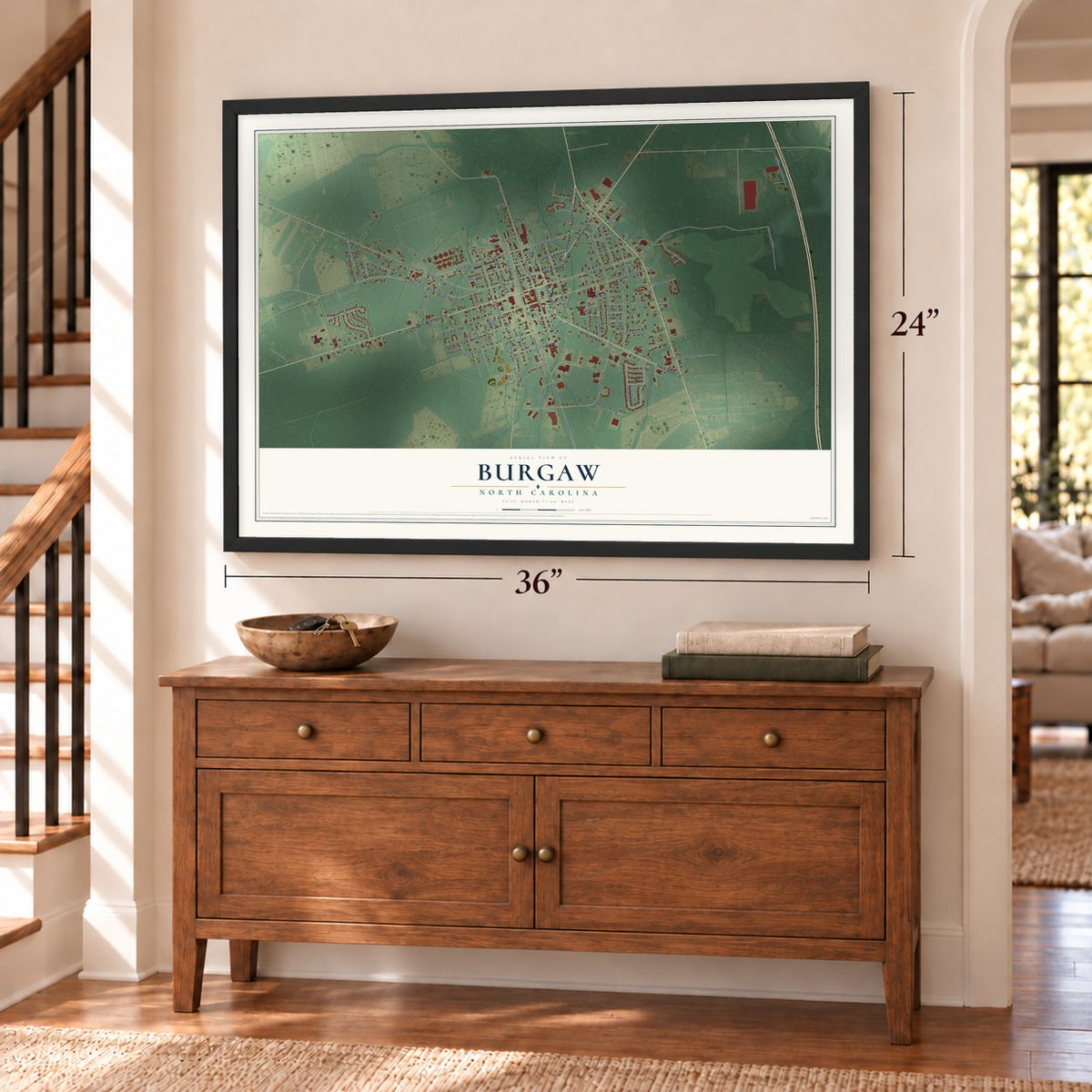 Burgaw, North Carolina map, 24 x 36 inch print in a black frame above a dresser by a staircase