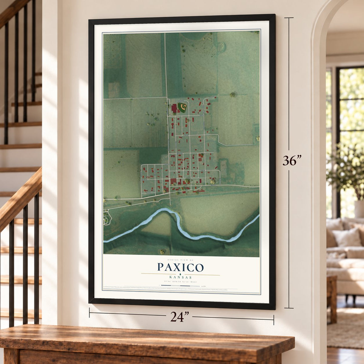 Paxico, Kansas map, 24 x 36 inch print in a black frame by a staircase
