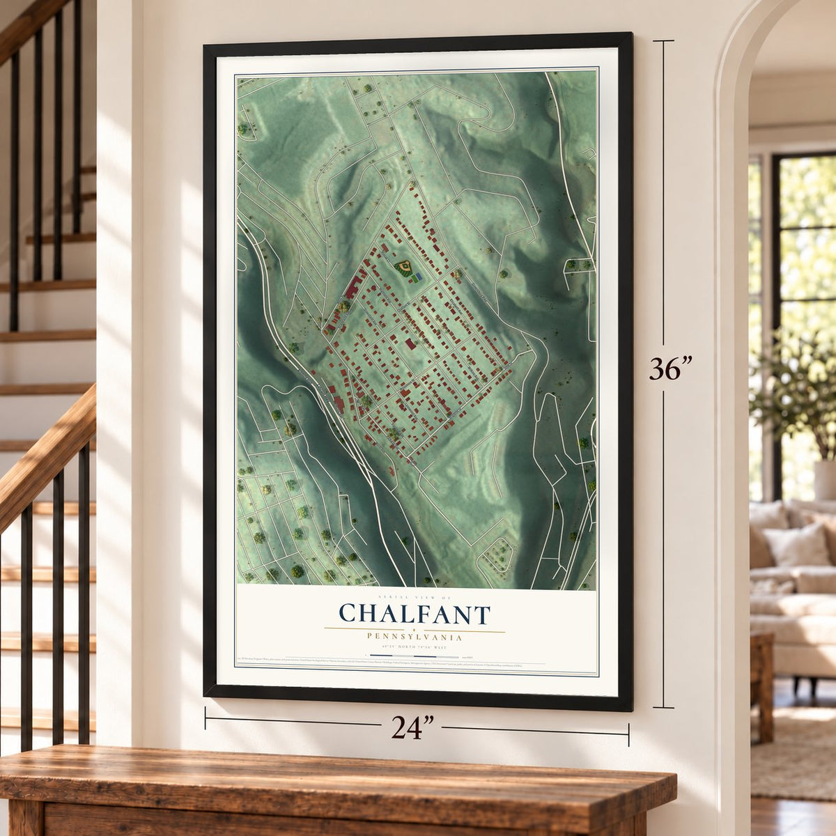 Chalfant, Pennsylvania map, 24 x 36 inch print in a black frame by a staircase