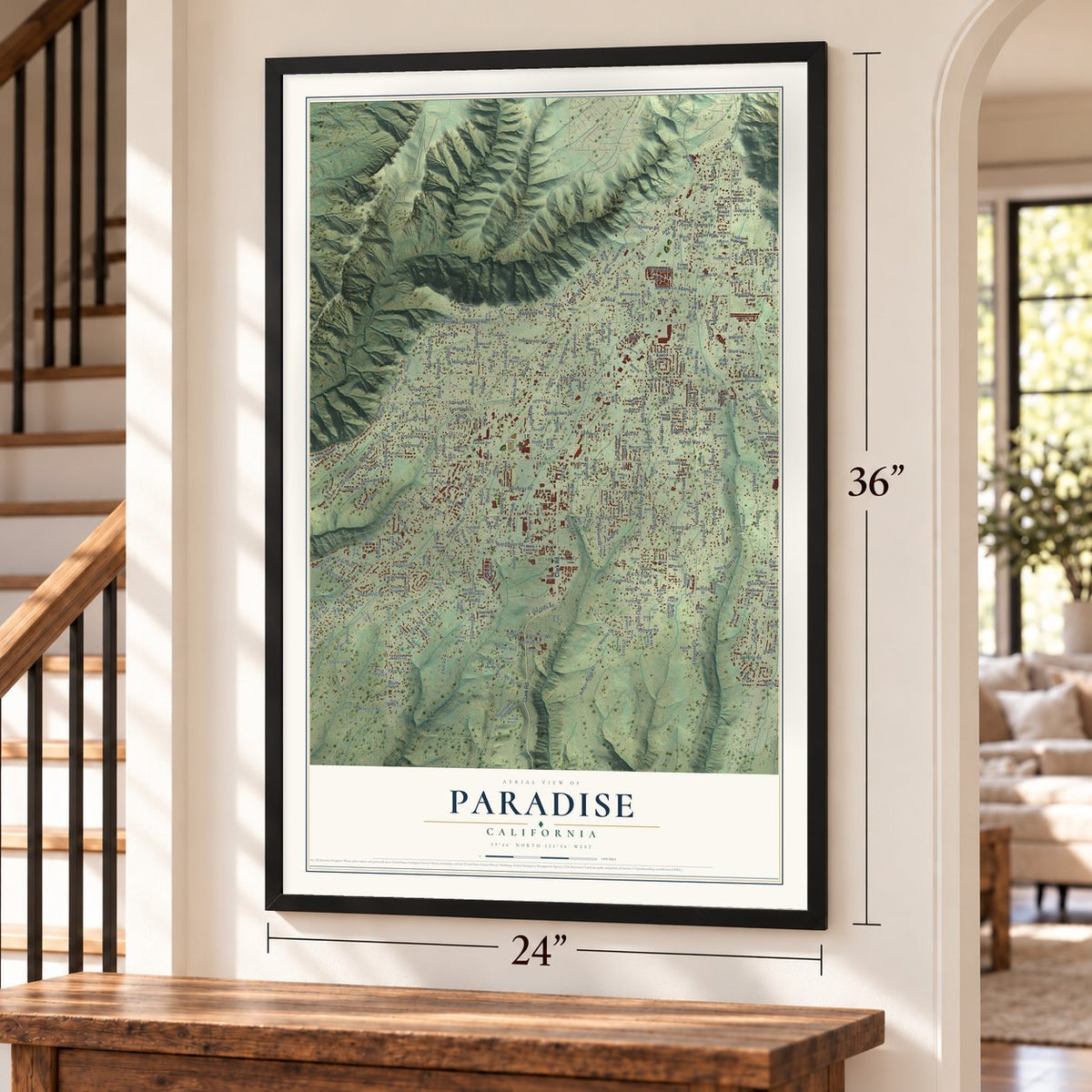 Paradise, California map, 24 x 36 inch print in a black frame by a staircase
