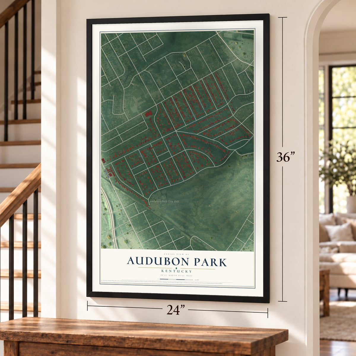 Audubon Park, Kentucky map, 24 x 36 inch print in a black frame by a staircase