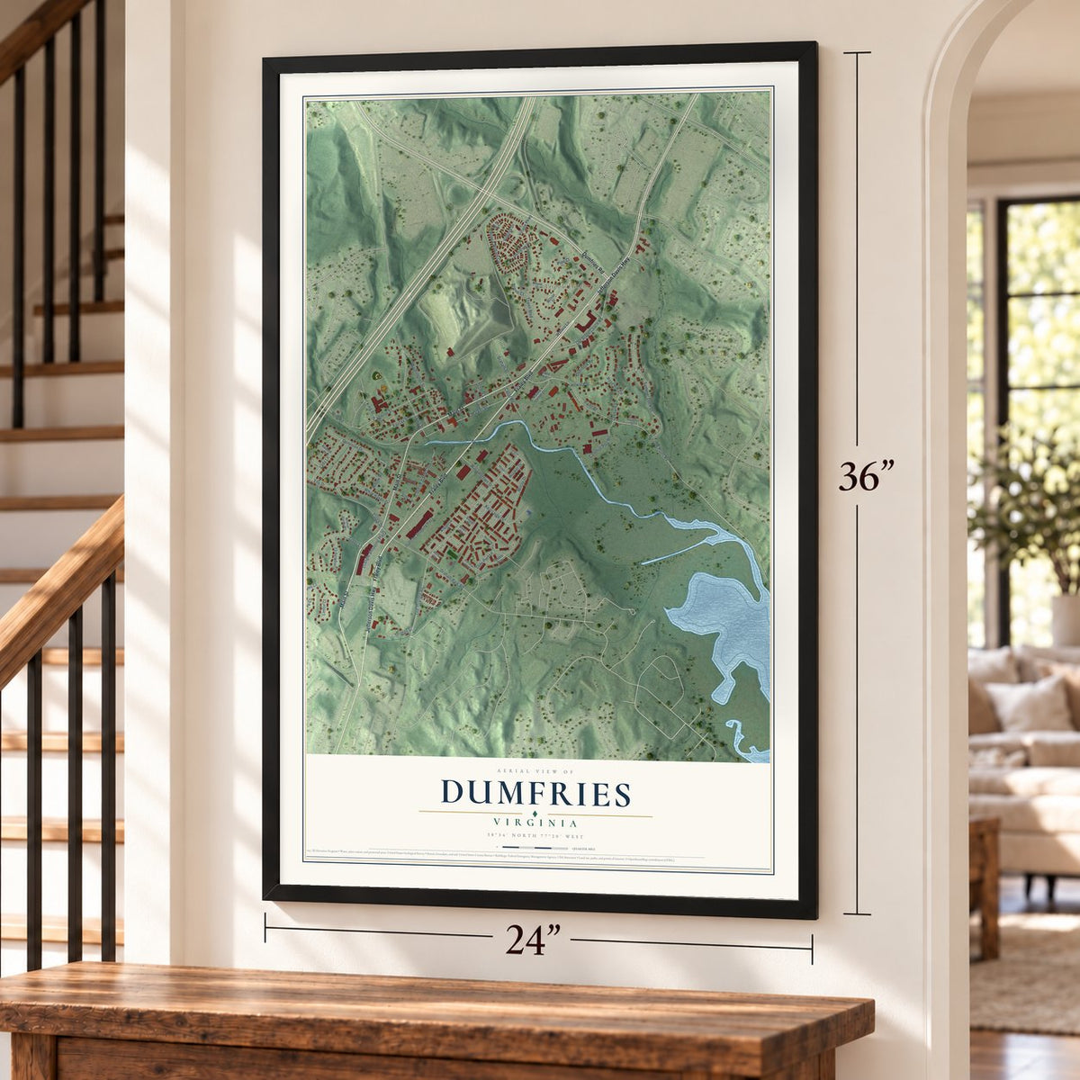 Dumfries, Virginia map, 24 x 36 inch print in a black frame by a staircase