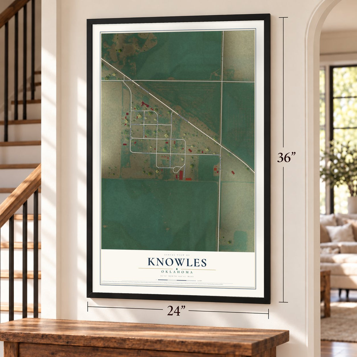 Knowles, Oklahoma map, 24 x 36 inch print in a black frame by a staircase