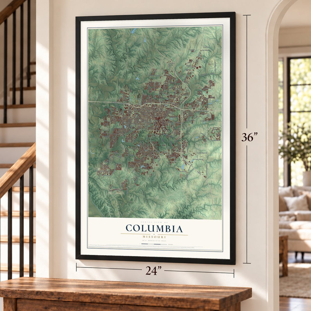 Columbia, Missouri map, 24 x 36 inch print in a black frame by a staircase