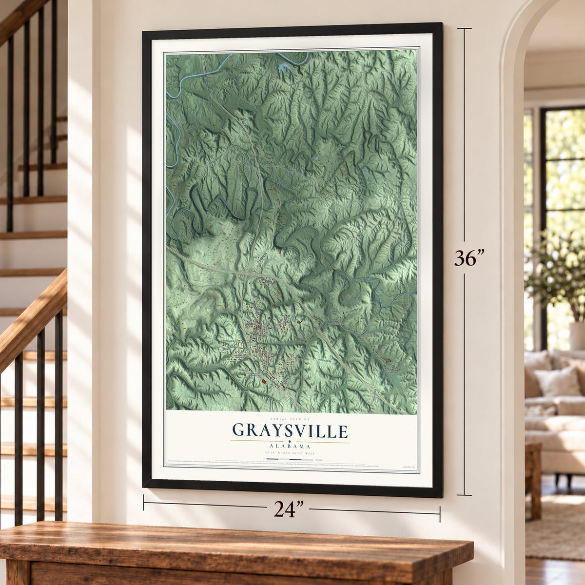 Graysville, Alabama map, 24 x 36 inch print in a black frame by a staircase