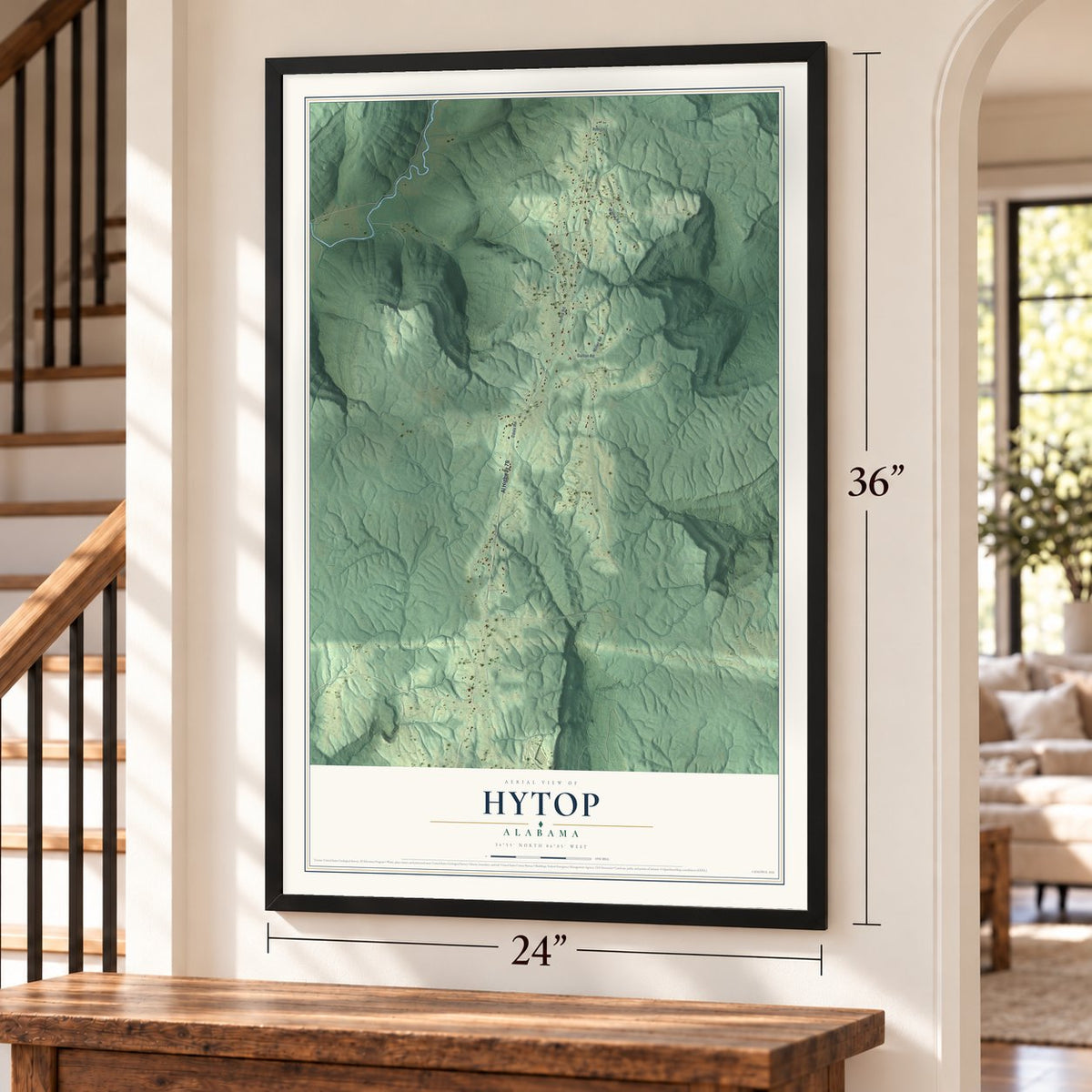 Hytop, Alabama map, 24 x 36 inch print in a black frame by a staircase