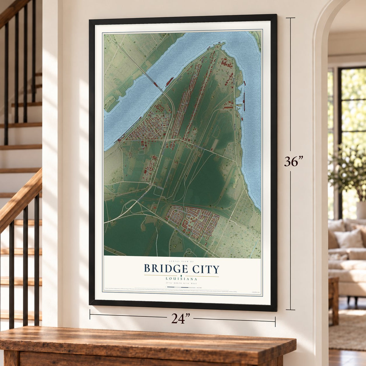 Bridge City, Louisiana map, 24 x 36 inch print in a black frame by a staircase