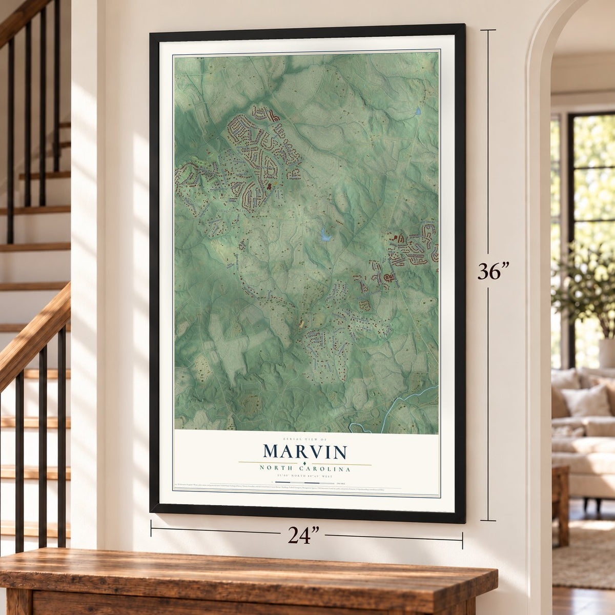 Marvin, North Carolina map, 24 x 36 inch print in a black frame by a staircase