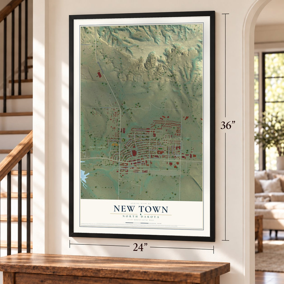 New Town, North Dakota map, 24 x 36 inch print in a black frame by a staircase