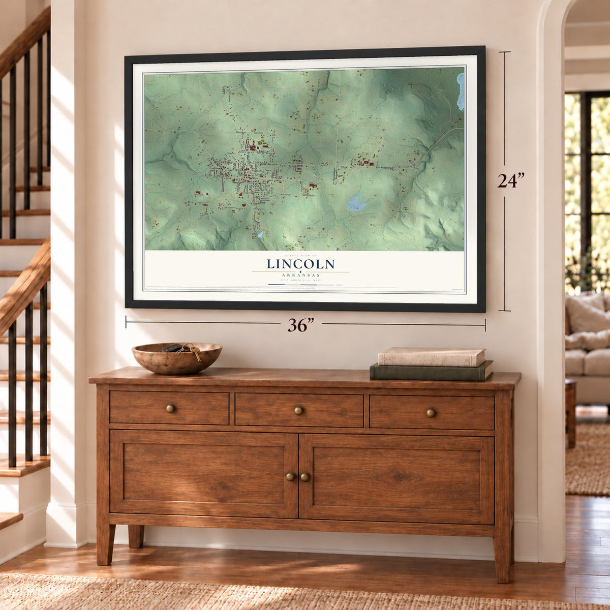 Lincoln, Arkansas map, 24 x 36 inch print in a black frame above a dresser by a staircase