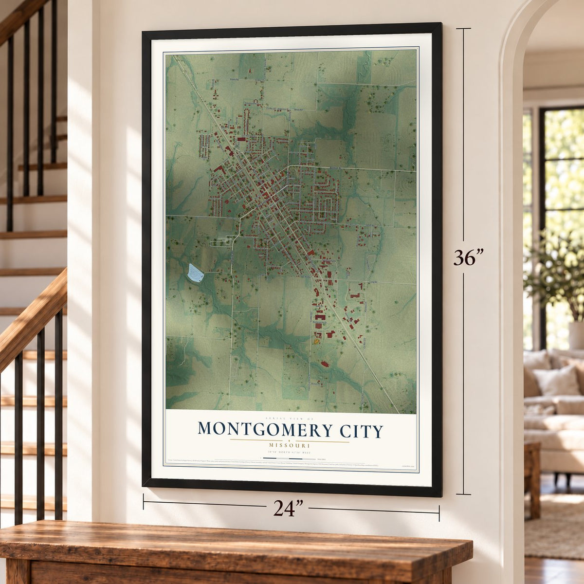 Montgomery City, Missouri map, 24 x 36 inch print in a black frame by a staircase