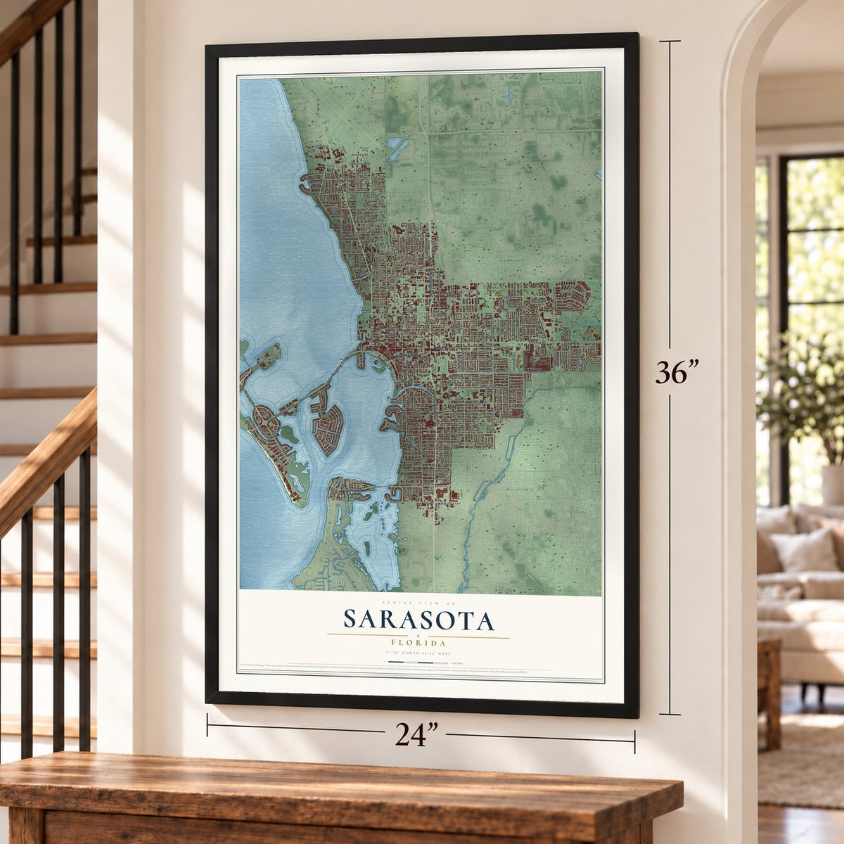 Sarasota, Florida map, 24 x 36 inch print in a black frame by a staircase