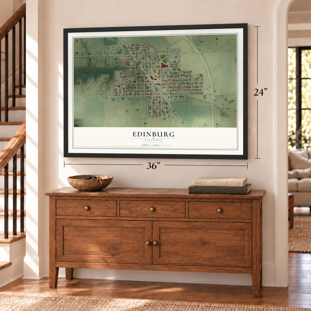 Edinburg, Illinois map, 24 x 36 inch print in a black frame above a dresser by a staircase