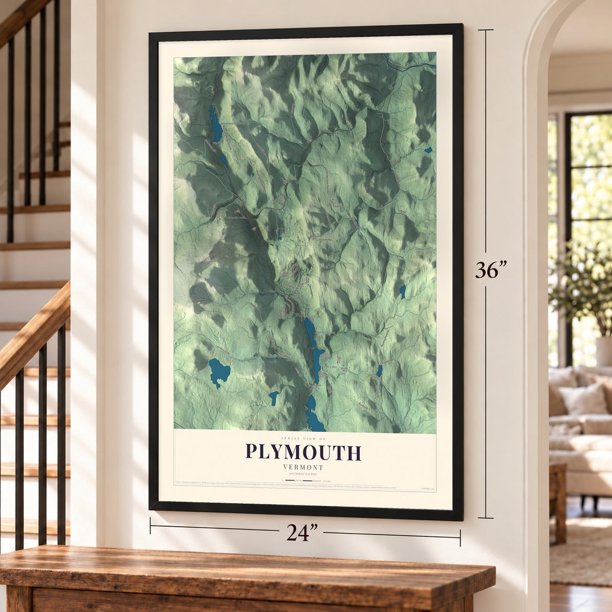 Plymouth, Vermont map, 24 x 36 inch print in a black frame by a staircase